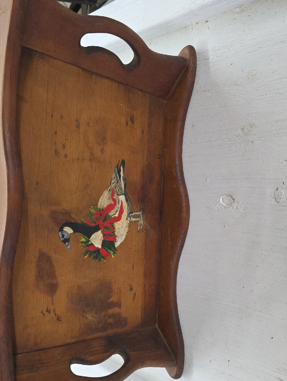 Wood Serving Tray with Festive Goose Motif - Brown